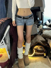 Bxoxo Woman Slim Denim Shorts Low Waist Wash Jean shorts Embroidery Hot Pants A Line Gyaru American Style Sexy Clubwear All-match