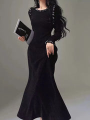 Bxoxo Elegant Hepburn Style Black Dress Women Fashion Sequin Patchwork Luxurious Midi Dress Y2K Korean Office Lady All Match Vestidos