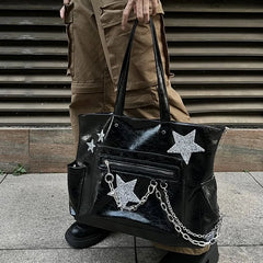 BXOXO Gothic Tote Bag Trendy Harajuku Chain Handbag for Women Spring Punk High Street Girls Casual Black PU Leather Bag