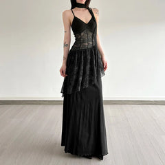 Bxoxo Lace Patchwork Women Camis Dress French Elegant Hepburn Style Splicing Midi Dress Y2K Streetwear Hot Girls Vacation Vestidos