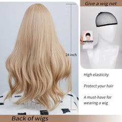BXOXO Synthetic 24 Inch Blonde Curly Wave Bangs Wig Fiber Wig Heat-resistant Non-Glare Natural Soft Cosplay Hairpiece For Women