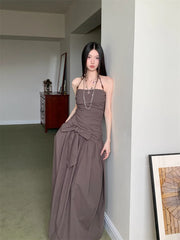 Bxoxo Ruched Backless Halter Maxi Dress For Woman Summer 2025 Tunic Ball Gown Strapless Long Dress Elegant Party Clothes