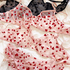 BXOXO New Lingerie Thongs Set Sexy Ultra Thin Transparent Bra Women Underwire Push Up Bra Set Summer Romantic Peach Heart Underwear