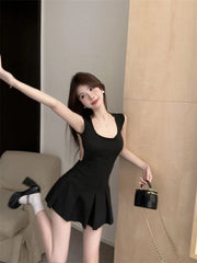 BXOXO Fashion Sexy Backless Lace Up Black Dresses Y2k E-Girl Slim Waist Dress for Women 2025 Summer New A-line Vestidos Mujer