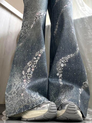 Bxoxo Y2k Vintage Rhinestone Butterfly Women Jeans Washed Harajuku Wide Leg American Style Baggy Denim Pants Gyaru Hip Hop