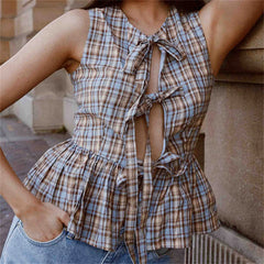 BXOXO Women Y2k Babydoll Tank Top Vintage Tie Side Plaid Sleeveless Peplum Cami Top Summer Going Out Crop Top Streetwear