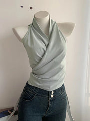 Bxoxo Sexy Bandage Slim Tanks Women Fashion Casual V Neck Design Halter Tanks Korean Retro Streetwear Female Summer Elegant Tops