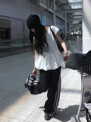 Bxoxo Korean Sle Summer Casual Pants Patchwork ort Sve Striped SEI Flower Bud Hem Lace Trim Loose Fit round Ne Top