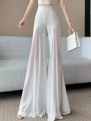 Bxoxo Chic Mesh Patchwork Flare Pant Women Casual Fashion Loose High Waist White Trousers Elegant Design Lady Summer Sweet Pants