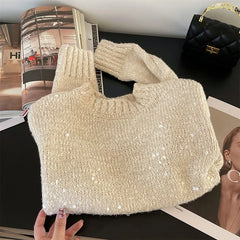 Bxoxo Sequins Knitted Sweaters for Women Autumn Loose Thick Long Sleeve Crop Pullover Female Korean All Match O Neck Jumper Mujer