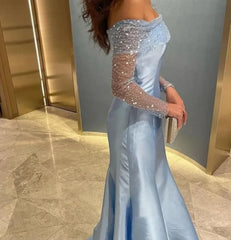 BXOXO Boat Neck Sleeves Ankle Length Arabic Blue Glitter Prom Gowns Satin Evening Dreses Sequined Prom Dress Evening Dresses