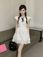 BXOXO Sweet Chic Bow White Dress Women Slim Fashion Flying Sleeve Cute Mini Dress Casual O Neck Female Elegant Lace A Line Dress