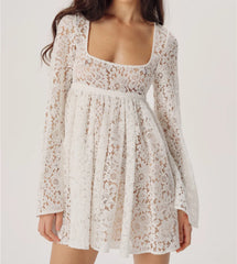 BXOXO Fashion Women Spring Summer Mini Dress White Long Sleeve Square Neck Lace See Through Floral Party Cocktail Dress