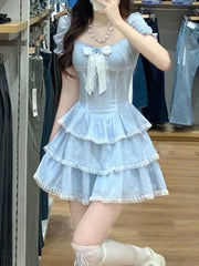 Bxoxo Summer Sweet Kawaii Blue Plaid Dress Woman Lolita Lace Y2k Mini Dress Short Party Elegant One Piece Dress Korean Fashion