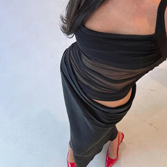 BXOXO Mesh Patchwork Backless Sexy Maxi Dress For Women Gown Fashion Halter Sleeveless Strapless Bodycon Club Long Dress