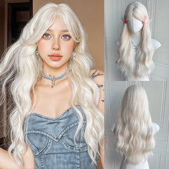 BXOXO 24 Inch Synthetic White Water Curly Wave Wigs Separate Bangs Wig Heat-Resistant Natural Soft Cosplay Hairpiece For Women