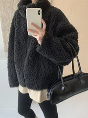 Bxoxo Fashion Faux Lambs Women Jacket Y2K Autumn Plush Thick Zipper Warm Coats Streetwear Long Sleeve All Match Hairy Outerwear New