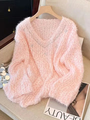Bxoxo Pink Sweet Knitted Sweaters Women Fashion Lazy Wind Diamond Elegant Jumper Korean Chic Long Sleeve Loose Fall Winter Pullovers