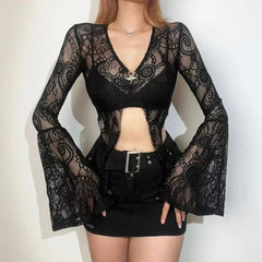 Bxoxo Sexy See Through Mesh Women Blouse Fashion Gothic V Neck Flare Sleeve Sunscreen Cardigan Y2K Summer Hot Girls Lace Crop Tops