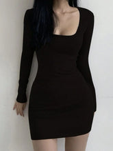 BXOXO Big Round Neck Slim Autumn and Winter Korean Version of Long Sleeve Dress Retro Bag Hip Skirt Female Temperament a Word Dress