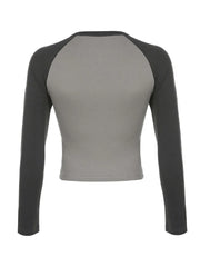 BXOXO Women Raglan Long Sleeve Crop Tops Print Casual Retro Round Neck Crop T-shirt Blouse Y2k Harajuku Streetwear Clubwear