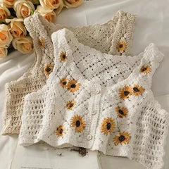 BXOXO Women Sweet Cotton Camisole Summer Floral Embroidery Sleeveless Buttons Front Crop Tops Beach Sweet Crochet French Style