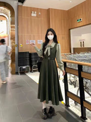 Bxoxo Y2K Fake 2 Piece Long Sleeve Midi Dress Women Autumn Chic Preppy Bow Tie Lapel Shirt Elegant Office Lady Casual Fake Two Pieces