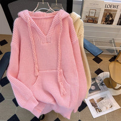 Bxoxo Autumn Knit Hooded Sweater for Women Korean Sweet Preppy Solid Pullover Y2K Harajuku All-Match Simp Knitting Jumpers Female New