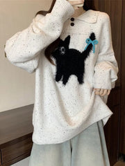 Bxoxo Cute Cartoon Bow Sweaters Women Loose Vintage Long Sleeve Kawaii Knitted Jumper Japan Casual Preppy Style Retro Pullovers