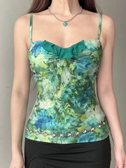 BXOXO French Chic Fashion Elegant Slim Camisole Tops Summer New Green Flower Print Blouses Design Elegant