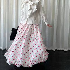 Bxoxo Vintage Sweet Long Skirt Women Elegant Red Polka Dot Maxi Skirts Japanese Style Harajuku High Waist Loose Ruffle Skirts
