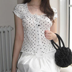 Bxoxo y2k Tops for Women Aesthetic Clothes Striped/Dot Shirts Bubble Short Sleeve Button Down T Shirts Vest 2000s Streetwear