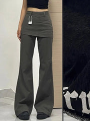 Bxoxo Harajuku Patchwork Women Flared Pants Vintage High Waist American Style Fake Two Piece Trousers Y2k Baggy Solid Gyaru