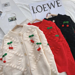 Bxoxo 3D Cherry Sweet Women Cardigan Spring New Korean Elegant Long Sleeve Casual Knit Sweaters Y2K Loose Lazy Style Female Coats