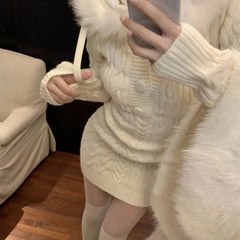 BXOXO Autumn Winter Elegant Women Sweater Christmas Red Slim Fur Patchwork Hooded Knitted Dress Female Korean Knitwear Hoodie Tops