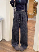 Bxoxo Blue Plaid Wide Leg Pants Women Autumn High Waist Drawstring Loose Casual Trousers Y2K Winter Thick Casual Ankle Length Pants