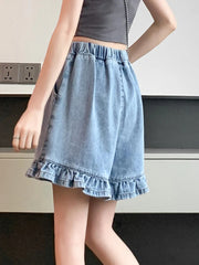 BXOXO M-6XL Plus Size Denim Shorts Women 2024 Summer Korean Fashion Ruffles All Match High Waist Short Pants Jeans Female