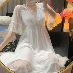 Bxoxo Female White Lace Long Nightgown Sleepwear Retro Palace Style Princess Nightdress Bath Robe Summer Loose Home Dress Nightwear