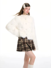 Bxoxo Sweet Faux Mink Fleece Cardigan Sweater Women Korean Chic Beading Thick Fur Coat Y2K Korean Loose Long Sleeve Hairy Sweater New