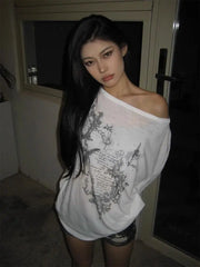 Bxoxo Korean Fashion Graphic Tees Women Transparent Vintage Gothic T Shirt Long Sleeve Loose Punk T-shirt Streetwear Tops