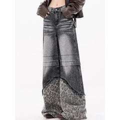 Bxoxo Y2k Vintage Patchwork Leopard Women Jeans Harajuku Washed Wide Leg Korean Fashion Denim Pants Baggy Trousers Streetwear