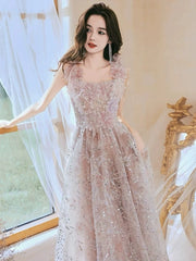 BXOXO Luxury Flower Bridesmaid Dresses Pink Spaghetti Strap Square Collar Beading Bling Bling Fairy Sequins Lace Formal Evening Gowns