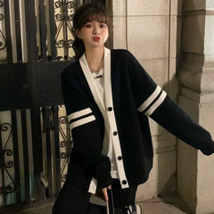 Bxoxo Varsity Cardigan Sweater for Women Long Sleeve V-Neck Button-up Knit Slouchy Cardi Korean School-girl Preppy Fall Winter Outfit