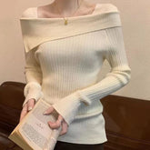 Bxoxo Women Off Shoulder Knit Sweater Slash Neck Long Sleeve Slim Knitwear Jumpers Office Sweater For Women 2024 Autumn Winter