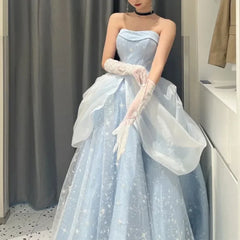 BXOXO Customized Temperament Blue Prom Dresses Removable Shoulder Jacquard Vestido Fiesta France Vintage Sweet Princess Fairy Evening