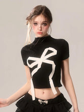 Bxoxo Cropped Slim Y2K T Shirt Women Streetwear Bow Print Sexy Short Sleeve Tees Vintage American Gothic Harajuku Black Tops New