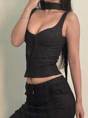 BXOXO Coquette Sexy Milkmaid Crop Top with Ribbon Scarf Y2K Aesthetic Single-breasted Bodycon Camisole Women Retro Streetwear