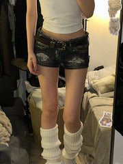 BXOXO American Y2K Sexy Mini Chicly Hollow Out Female Shorts Summer Classic Low Waist Fashion Washed Distressed Slim Shorts for Women