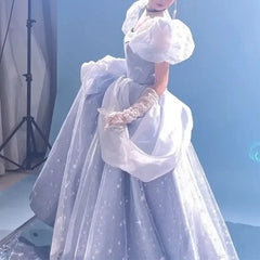 BXOXO Customized Temperament Blue Prom Dresses Removable Shoulder Jacquard Vestido Fiesta France Vintage Sweet Princess Fairy Evening