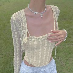 BXOXO Fairycore Lace Knotted 2pcs Tops For Women's Spring Summer Outfits Long Sleeve Crop Tops + Camisole 2000s Streetwear